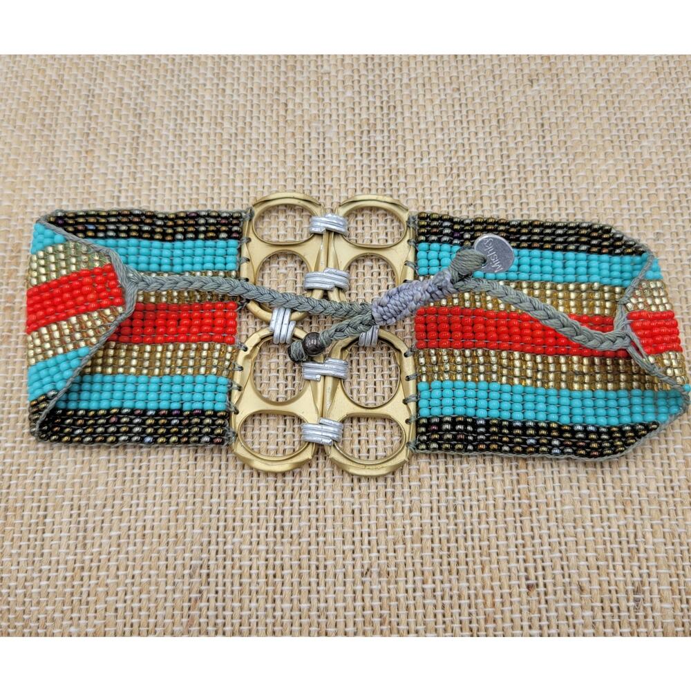 Mishky Recycled Can Tab Bracelet Hand Woven Multi-tone Glass Beads Adjustable